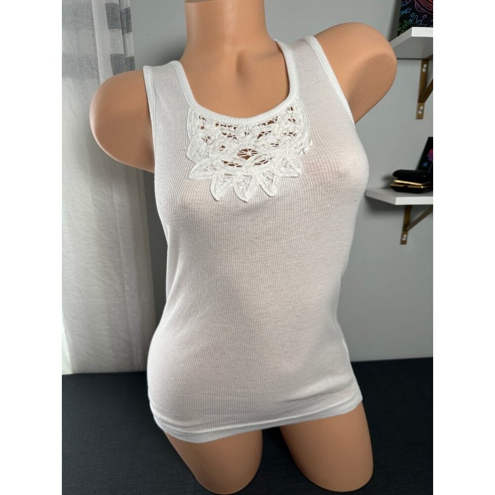 2011 LEI Womens Junior‎ Medium Tank Top White Lace Ribbed Sleeveless